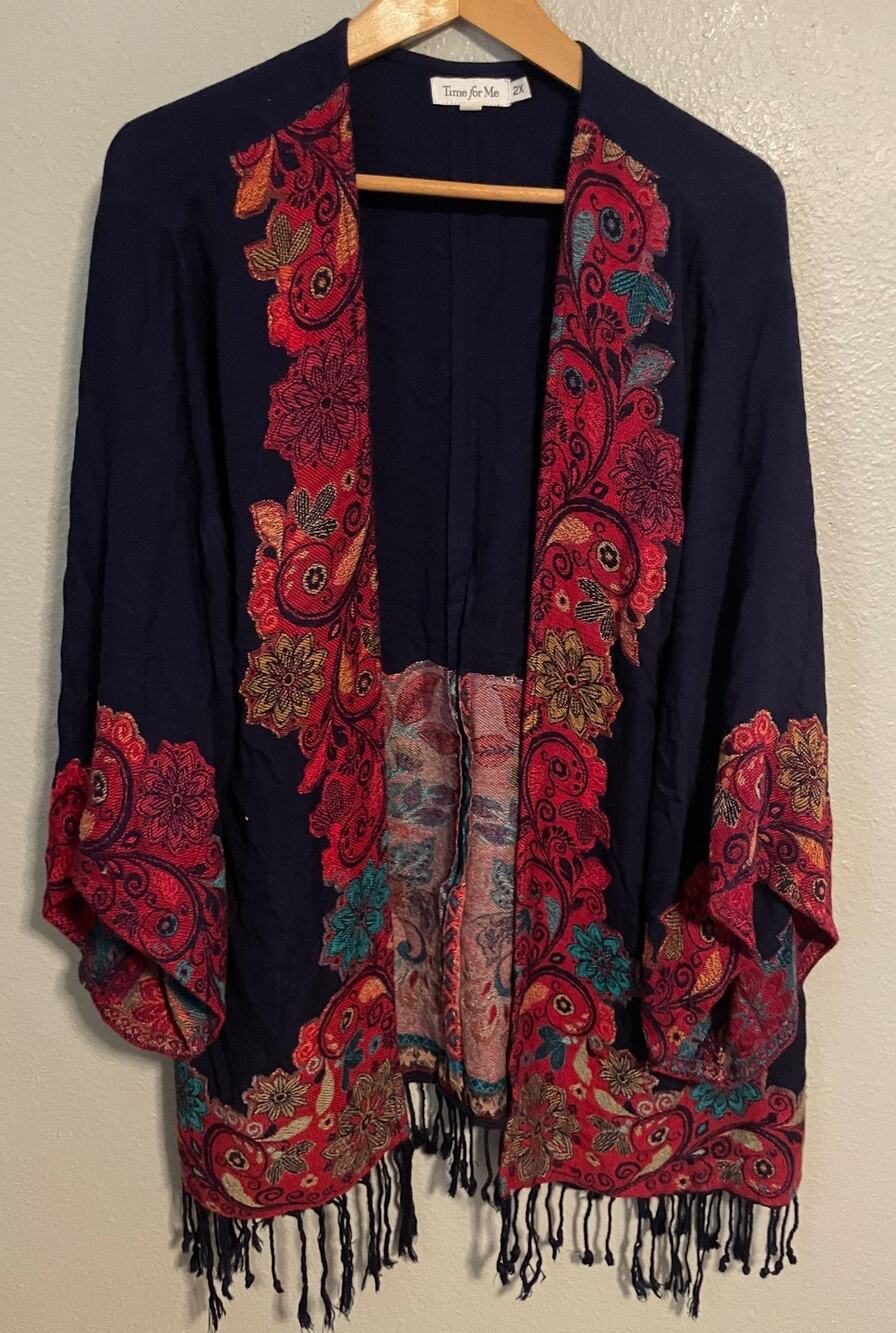 Time For Me Kimono Jacket Womens 2X Navy Floral Embroidered Fringe Boho Artsy